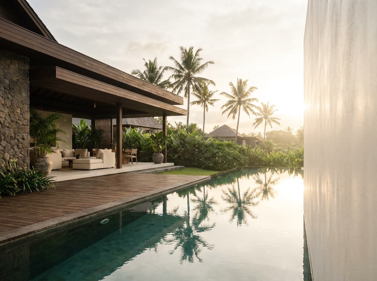 Modern Bali villa with tropical gardens and a swimming pool